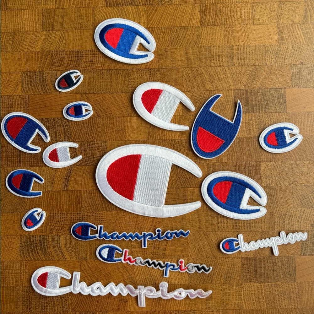 Iron On Champion Embroidered Logo Patch Set in Red, White & Blue